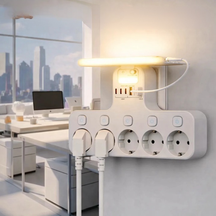 Power Strip Wall-Mounted 5 Outlets & USB Motion-Sensor Light