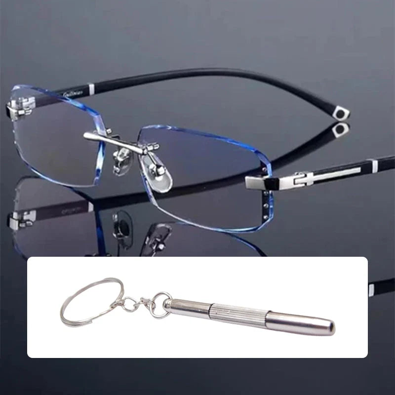 Progressive Reading Glasses Rimless Diamond-Cut Blue Light Protection