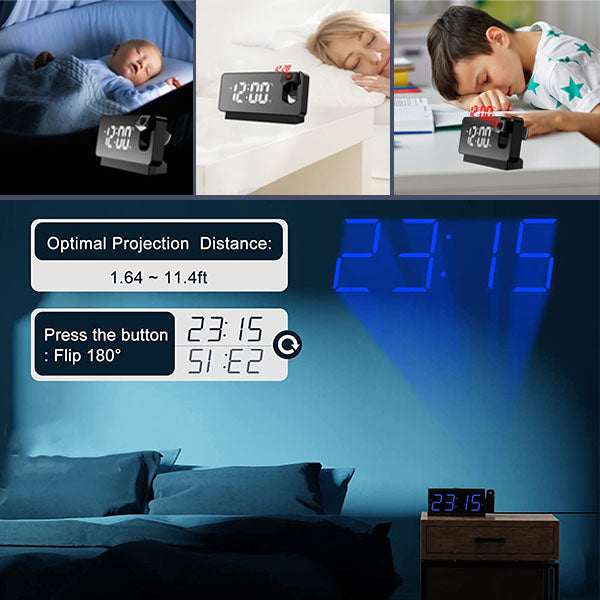 Projection Alarm Clock Rotating Dual Alarms & USB Charging