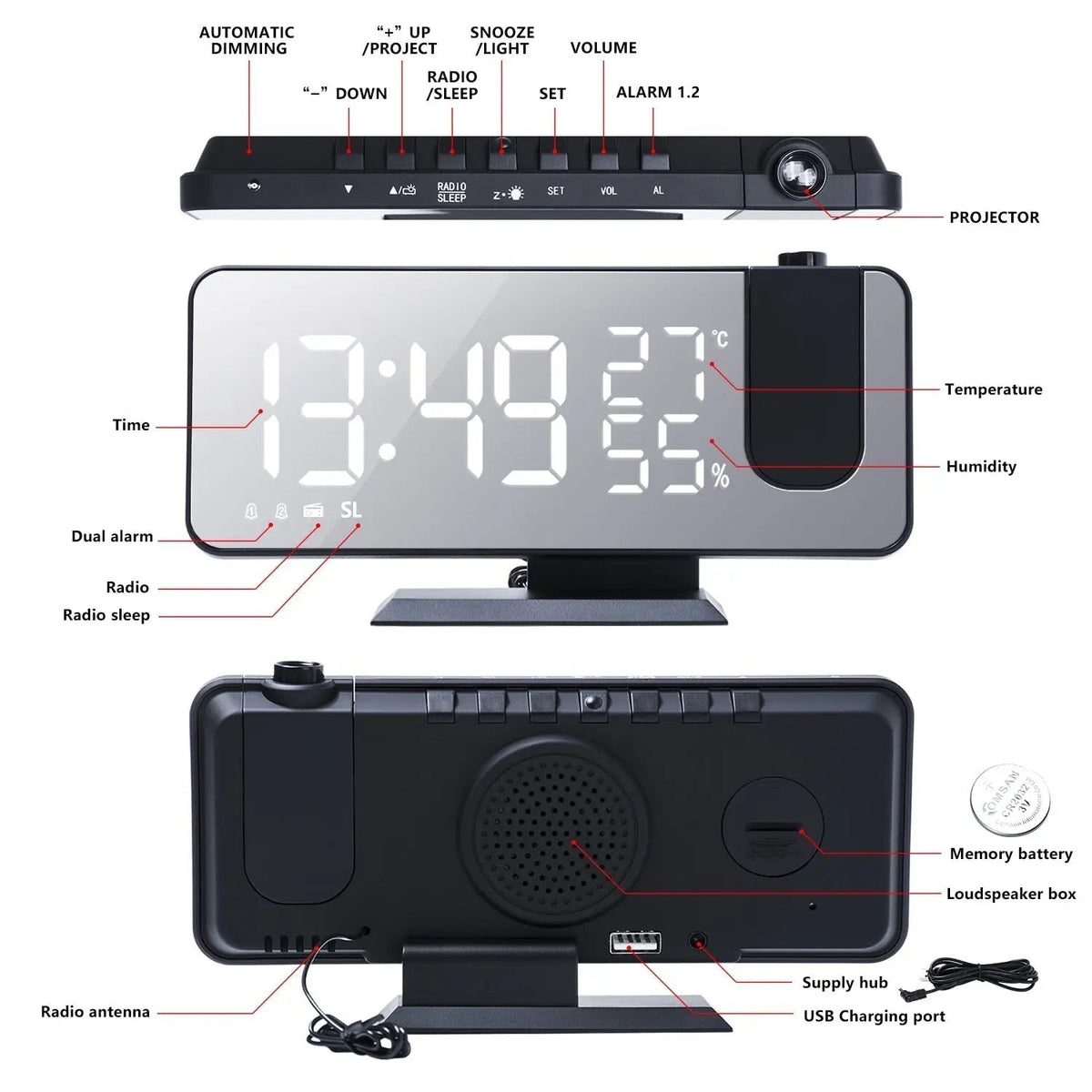 Projection Alarm Clock Rotating Projection & USB Charging