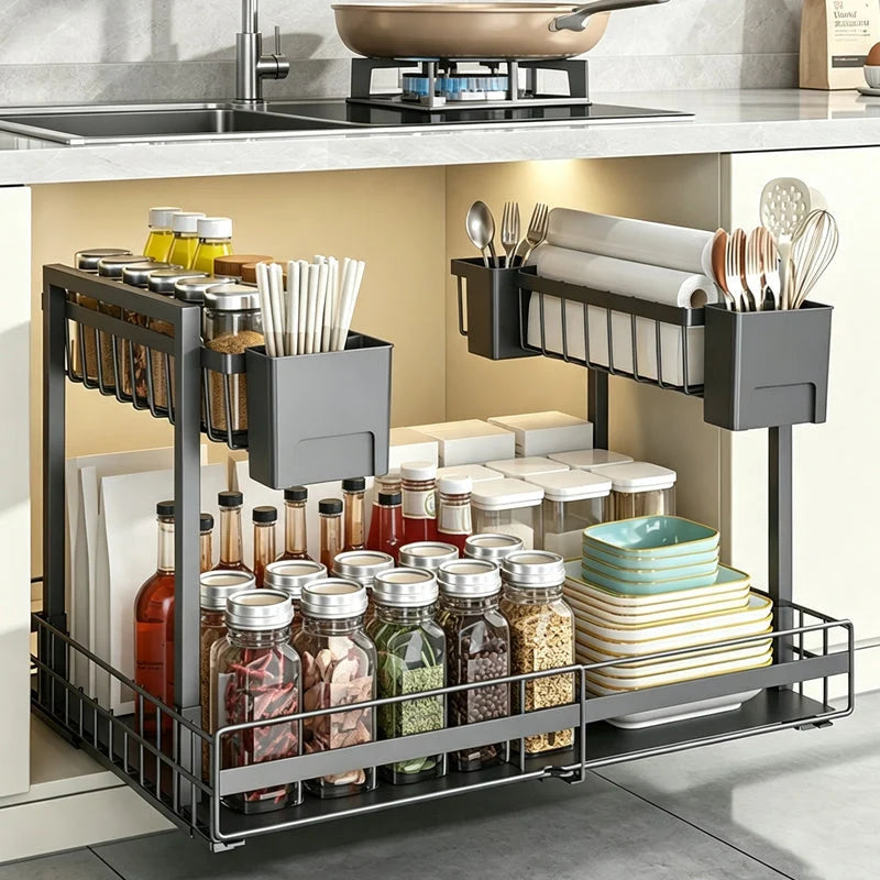 Pull-Out Cabinet Organizer L-Shaped Two-Tier Smooth Glide