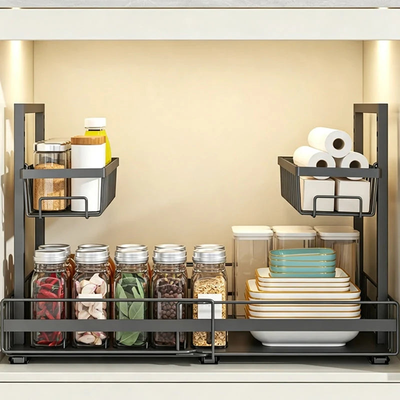 Pull-Out Cabinet Organizer L-Shaped Two-Tier Smooth Glide