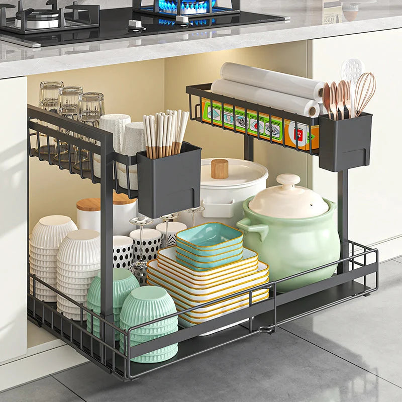 Pull-Out Cabinet Organizer L-Shaped Two-Tier Smooth Glide