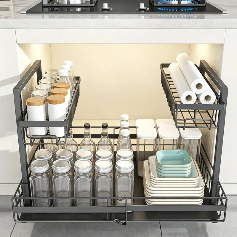Pull-Out Cabinet Organizer L-Shaped Two-Tier Smooth Glide