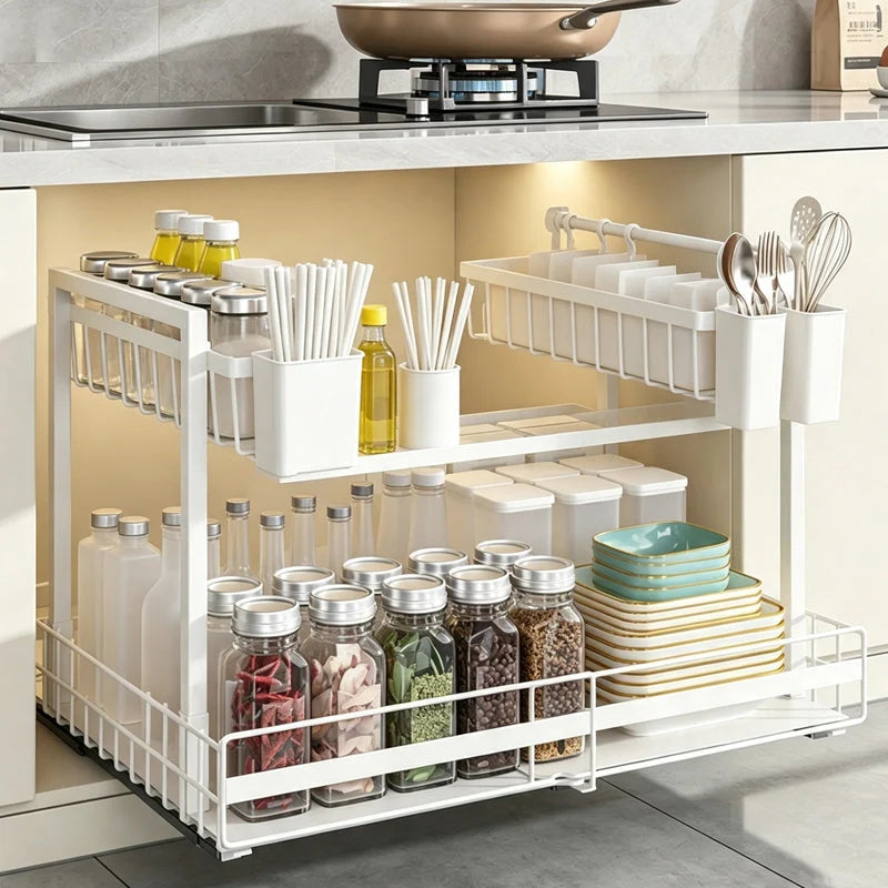 Pull-Out Cabinet Organizer L-Shaped Two-Tier Smooth Glide