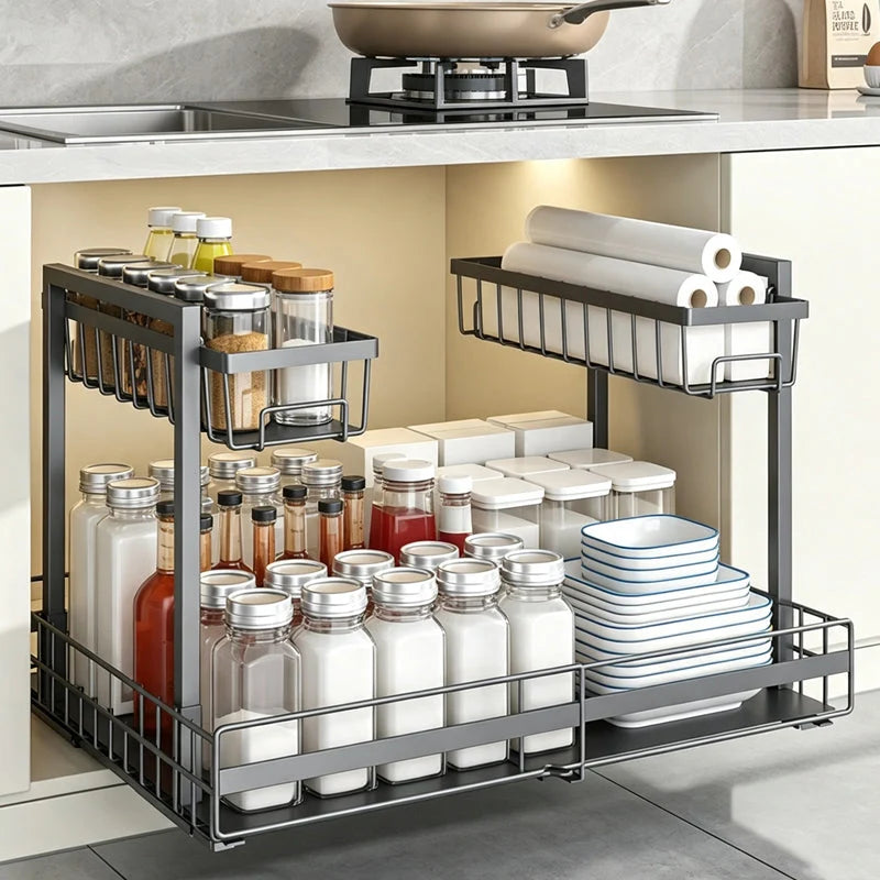 Pull-Out Cabinet Organizer L-Shaped Two-Tier Smooth Glide