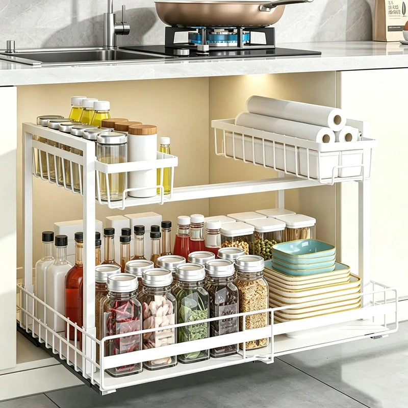 Pull-Out Cabinet Organizer L-Shaped Two-Tier Smooth Glide