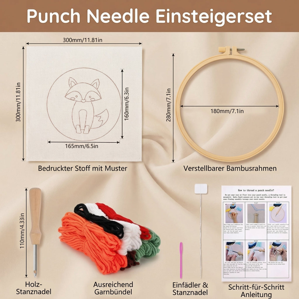 Punch Needle Kit Pre-Printed Fabric & Colorful Wool
