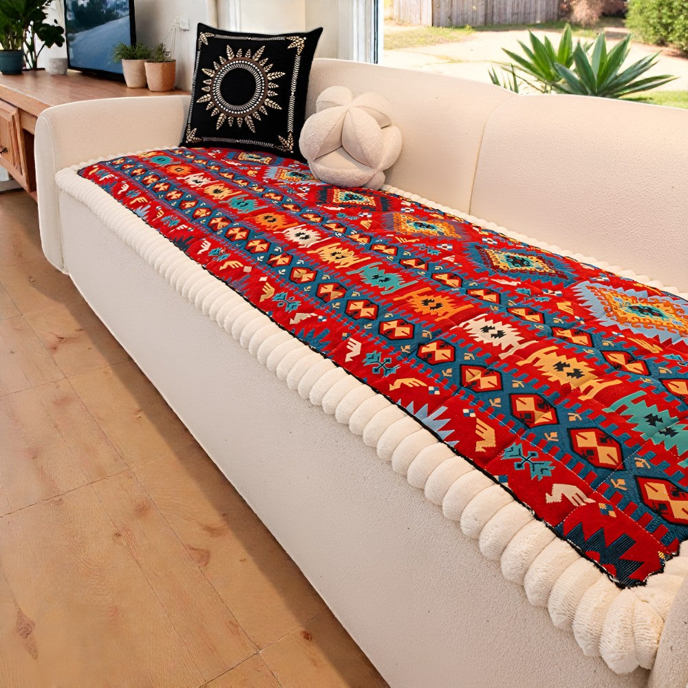 Quilted Sofa Cover Ethnic Pattern Microfiber Blend & Non-Slip