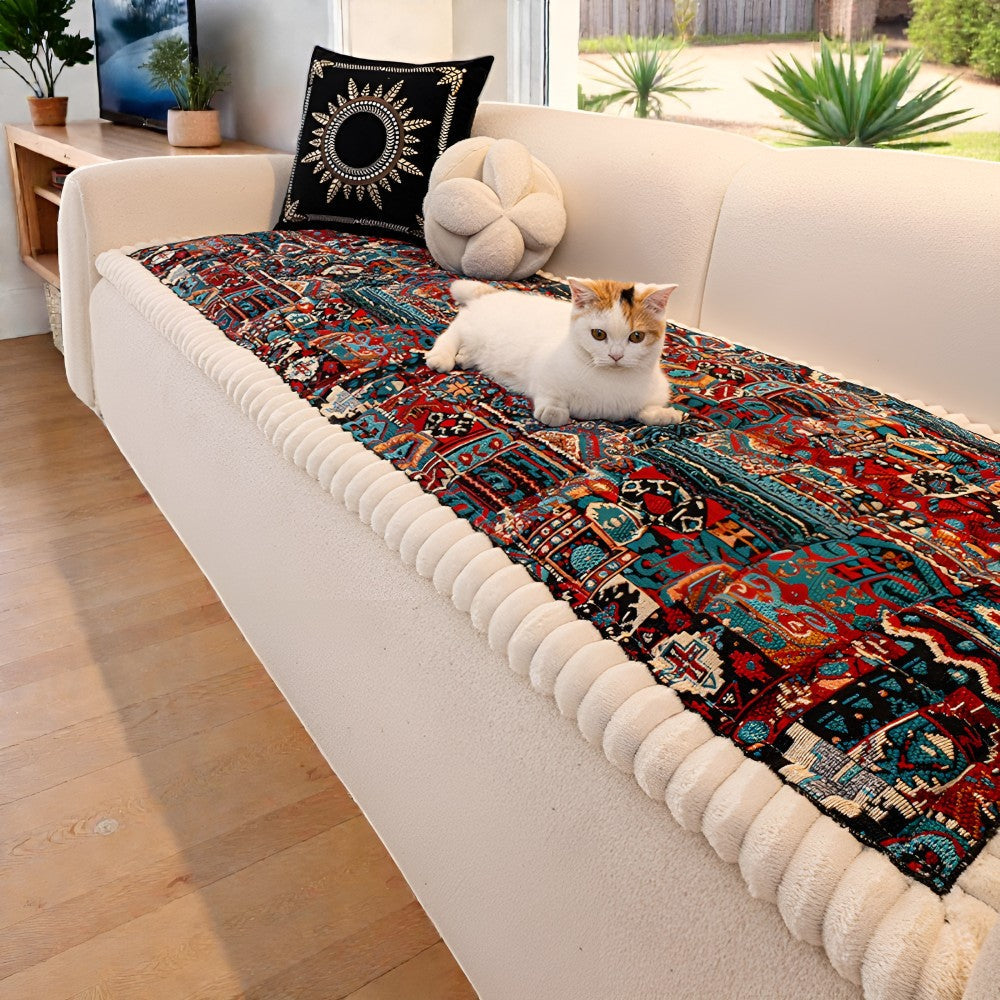 Quilted Sofa Cover Ethnic Pattern Microfiber Blend & Non-Slip