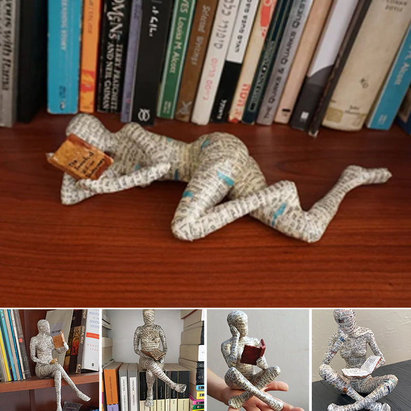 Reading Figurine Handcrafted Resin Newspaper Print Five Pose Options
