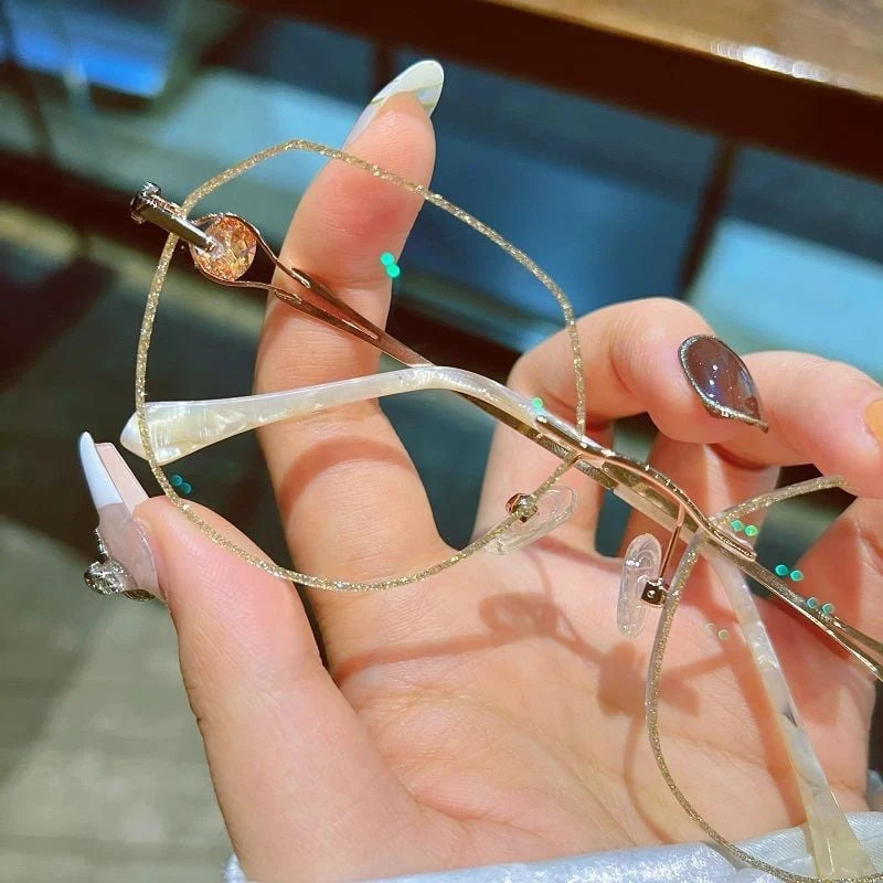 Reading Glasses Rimless Titanium Blue Light Rhinestone Accents