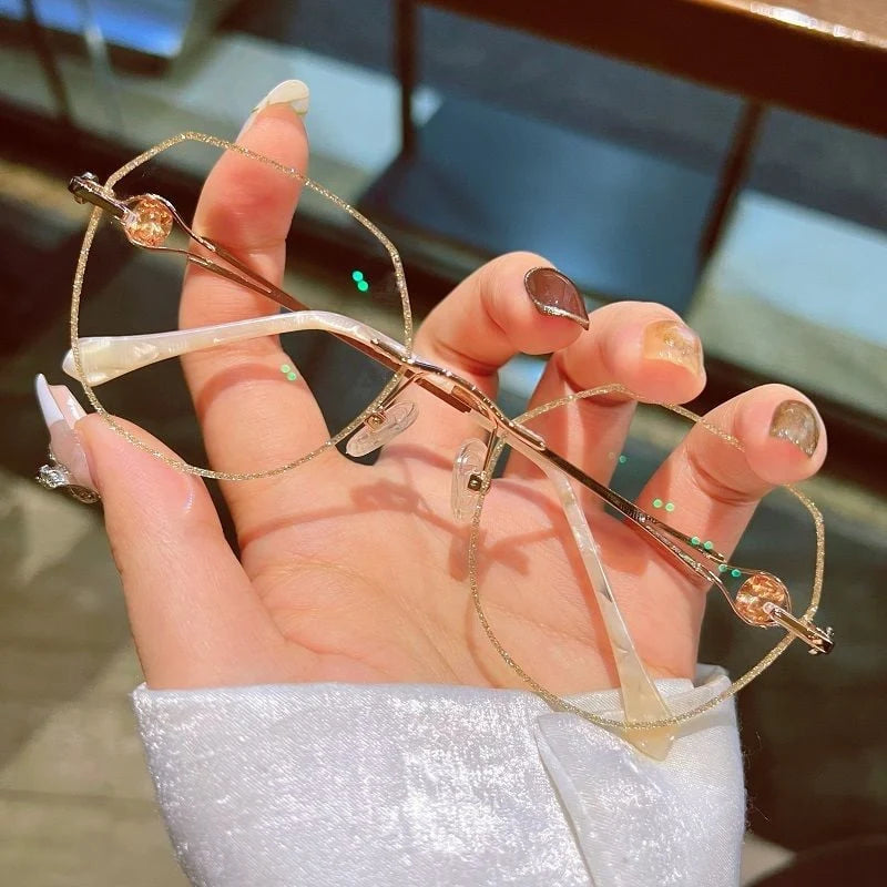 Reading Glasses Rimless Titanium Blue Light Rhinestone Accents