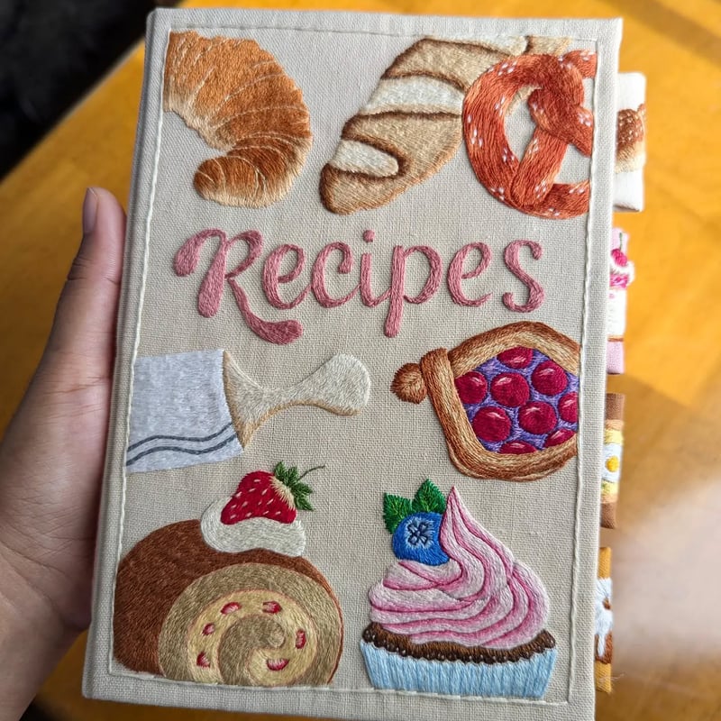 Recipe Book Hand-Embroidered Cover Splash-Resistant Pages