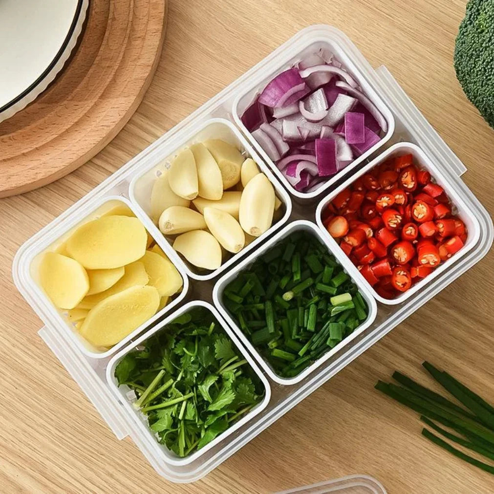 Refrigerator Organizer 6-Compartment Drainage Tray Stackable Lid