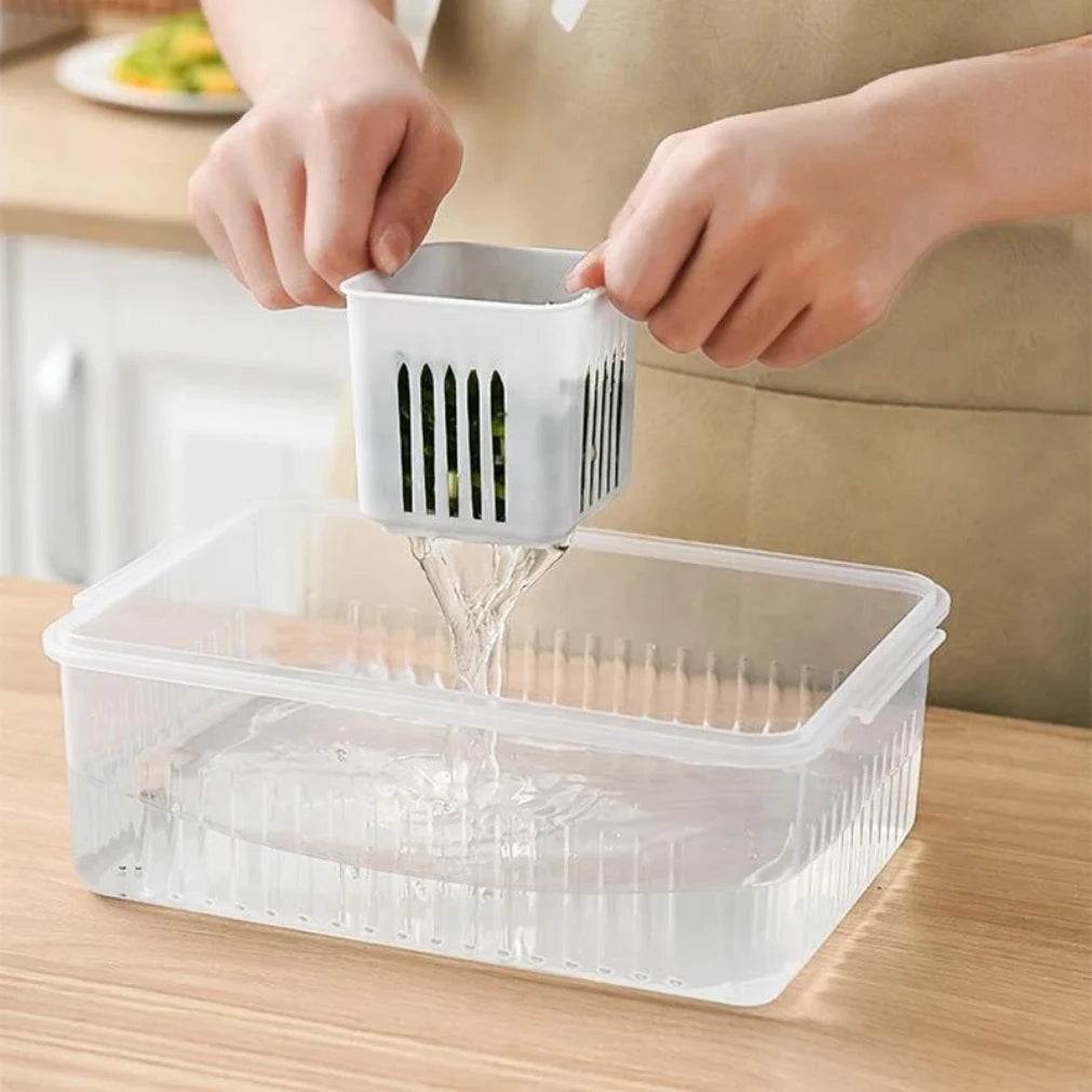 Refrigerator Organizer 6-Compartment Drainage Tray Stackable Lid