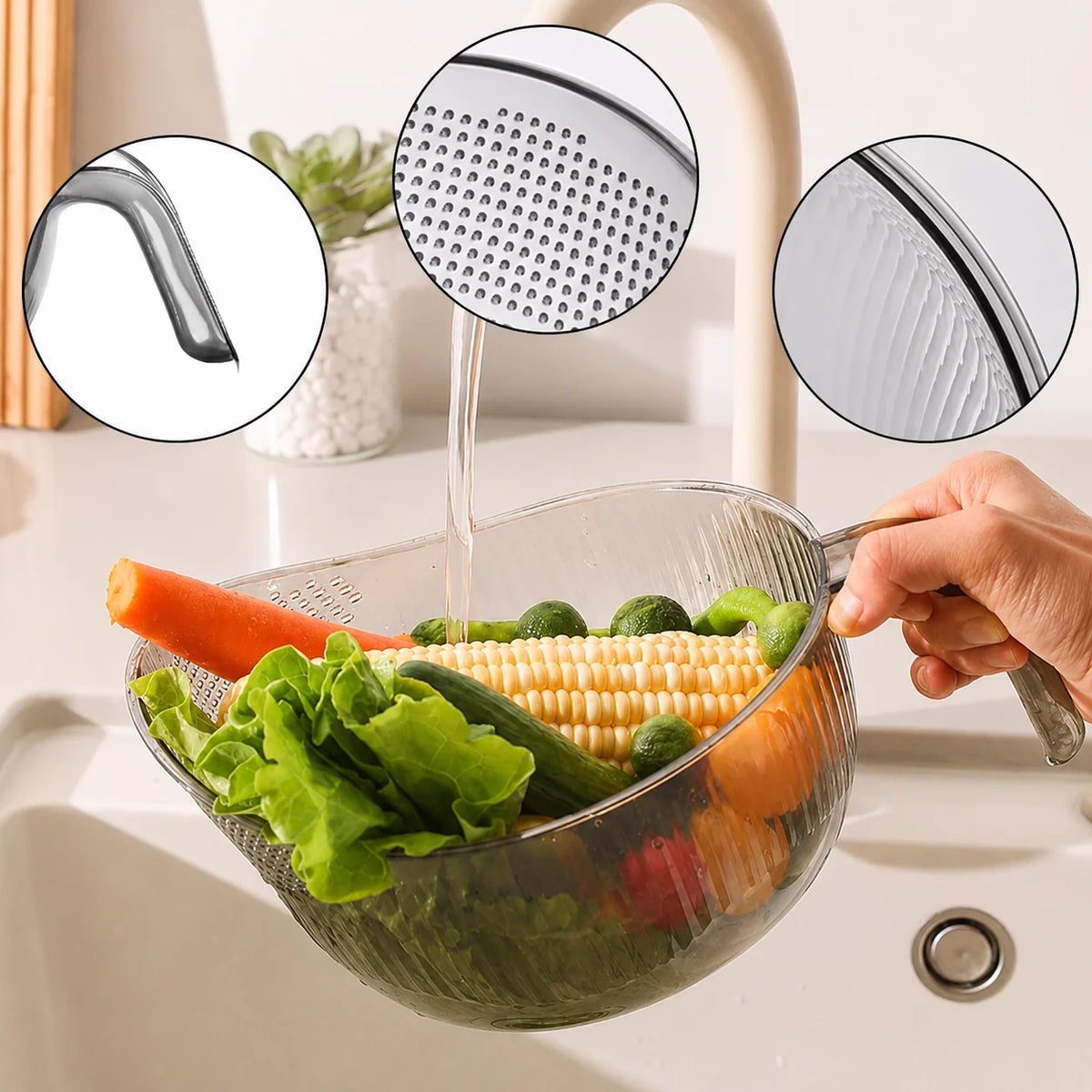 Rice Washing Bowl Fine Sieve Ergonomic Handle Pouring Spout