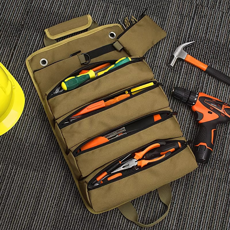 Roll-Up Tool Bag Detachable Clear Compartments Reinforced Fabric