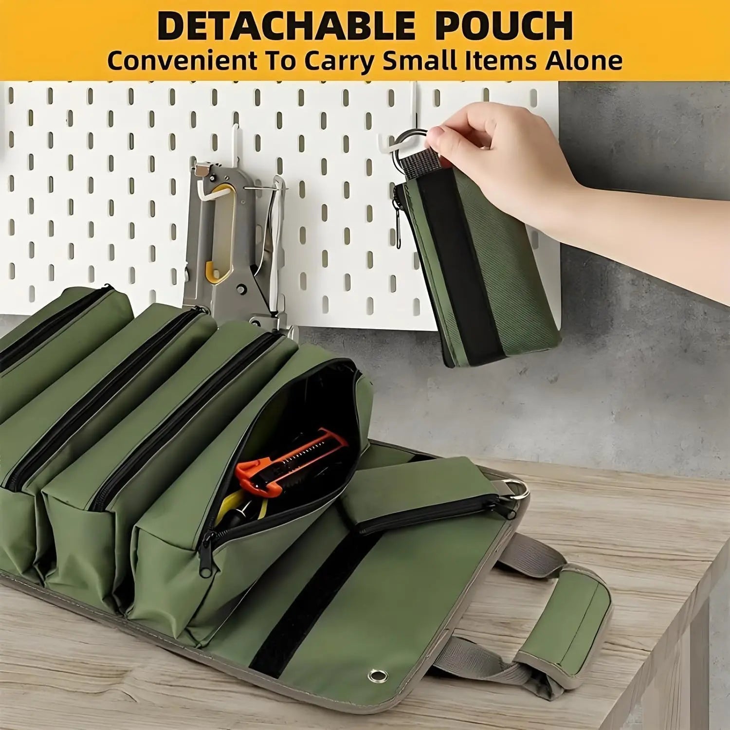 Roll-Up Tool Bag Detachable Clear Compartments Reinforced Fabric
