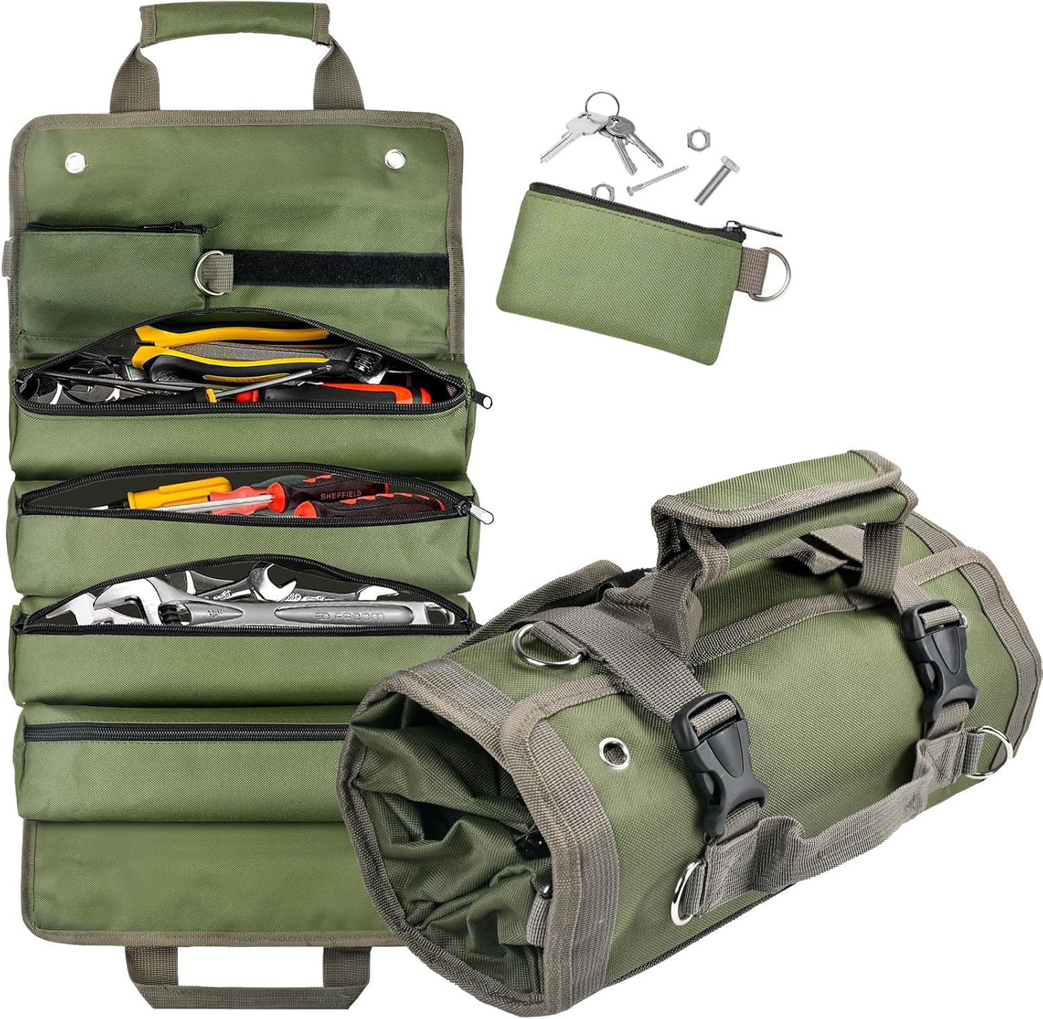 Roll-Up Tool Bag Detachable Clear Compartments Reinforced Fabric