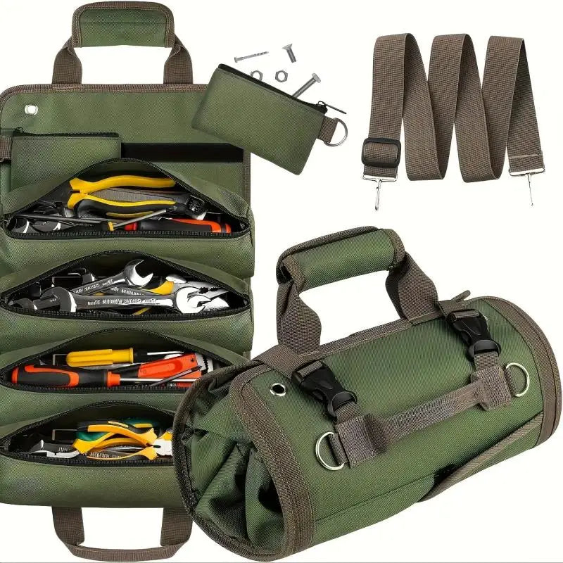 Roll-Up Tool Bag Multiple Zippered Compartments & Detachable Strap