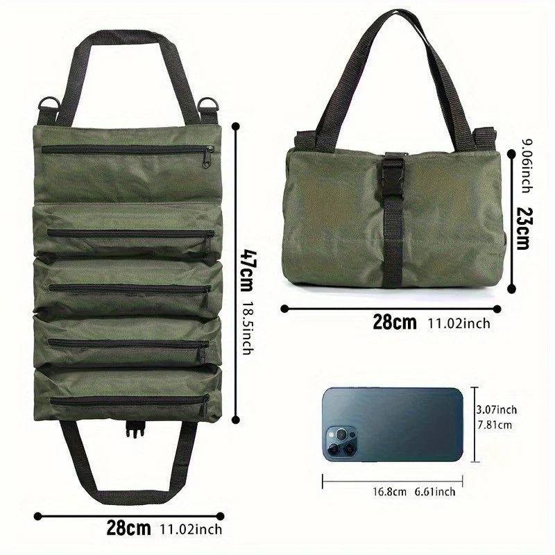 Roll-Up Tool Bag Multiple Zippered Compartments & Detachable Strap