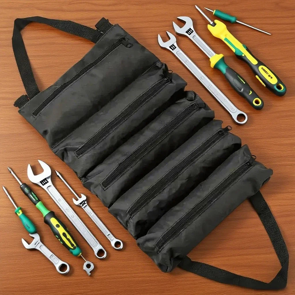 Roll-Up Tool Bag Multiple Zippered Compartments & Detachable Strap