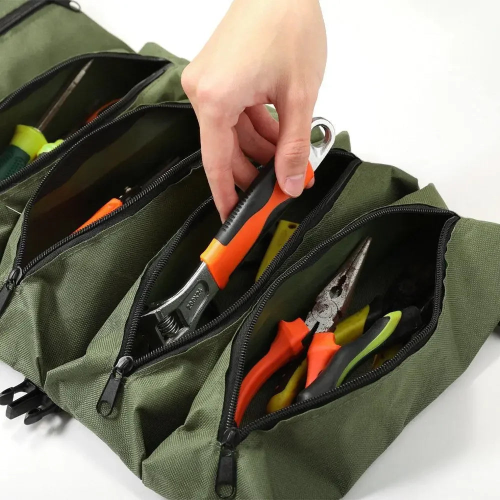 Roll-Up Tool Bag Multiple Zippered Compartments & Detachable Strap