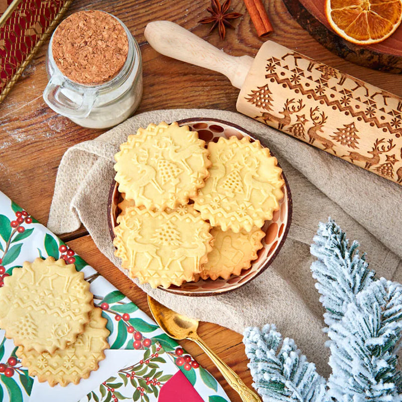Rolling Pin Engraved Holiday Patterns Natural Hardwood Ergonomic Handles