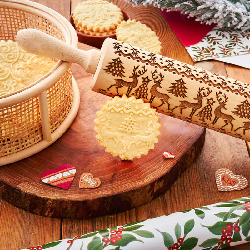 Rolling Pin Engraved Holiday Patterns Natural Hardwood Ergonomic Handles