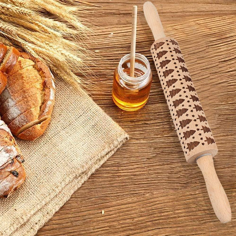 Rolling Pin Engraved Holiday Patterns Natural Hardwood Ergonomic Handles