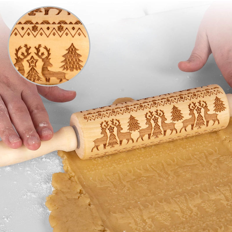 Rolling Pin Engraved Holiday Patterns Natural Hardwood Ergonomic Handles