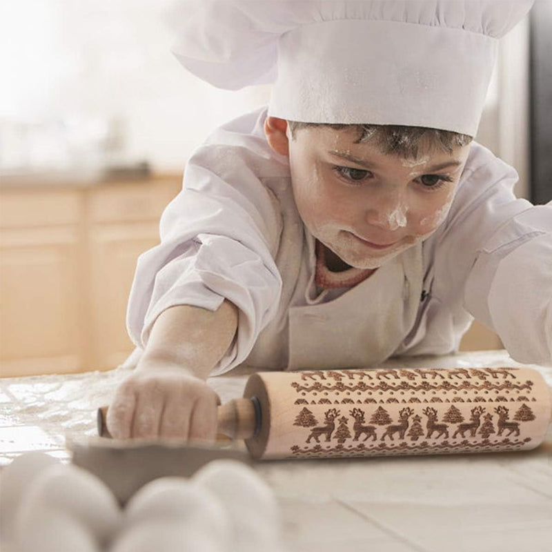 Rolling Pin Engraved Holiday Patterns Natural Hardwood Ergonomic Handles