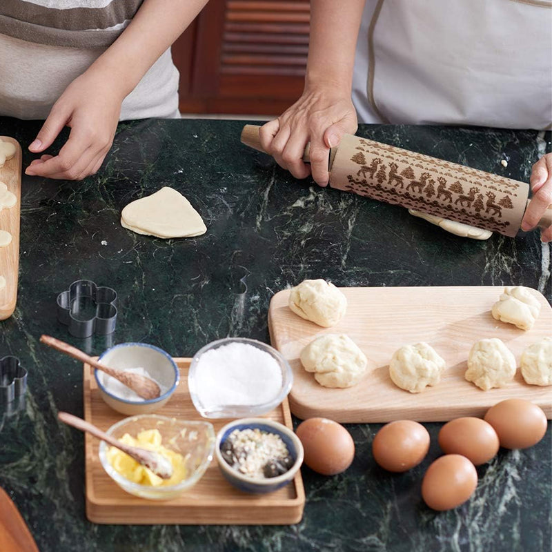 Rolling Pin Engraved Holiday Patterns Natural Hardwood Ergonomic Handles