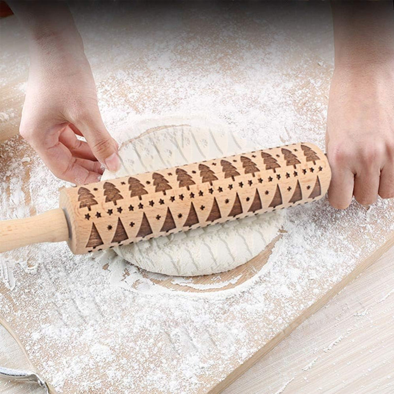 Rolling Pin Engraved Holiday Patterns Natural Hardwood Ergonomic Handles