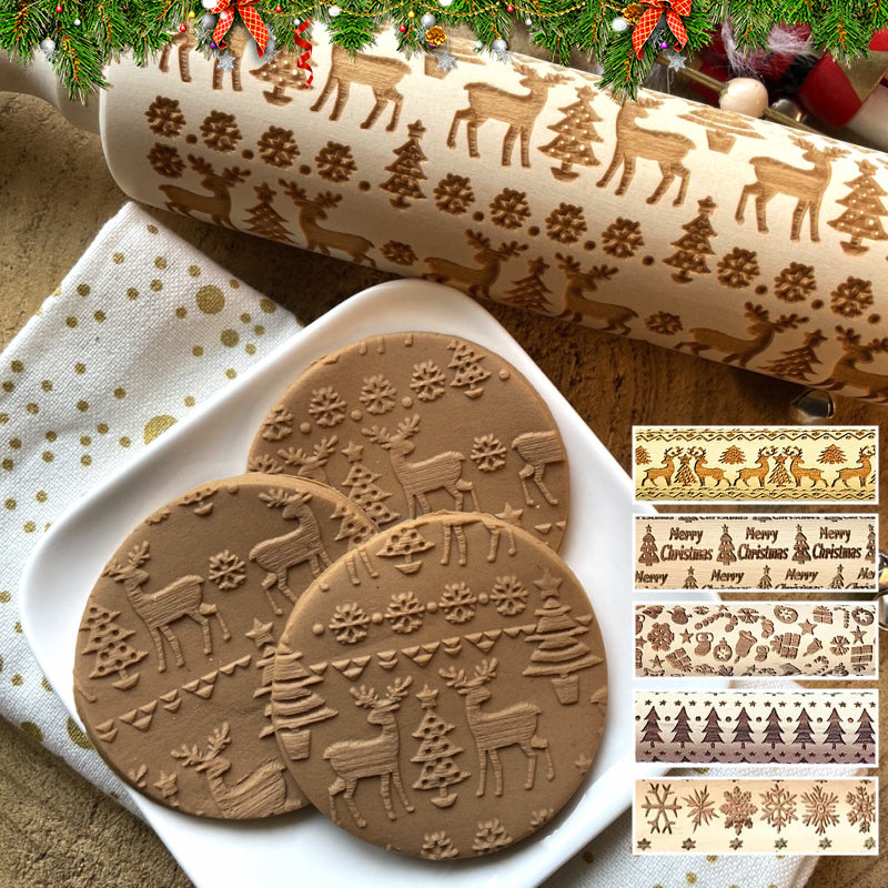 Rolling Pin Engraved Holiday Patterns Natural Hardwood Ergonomic Handles