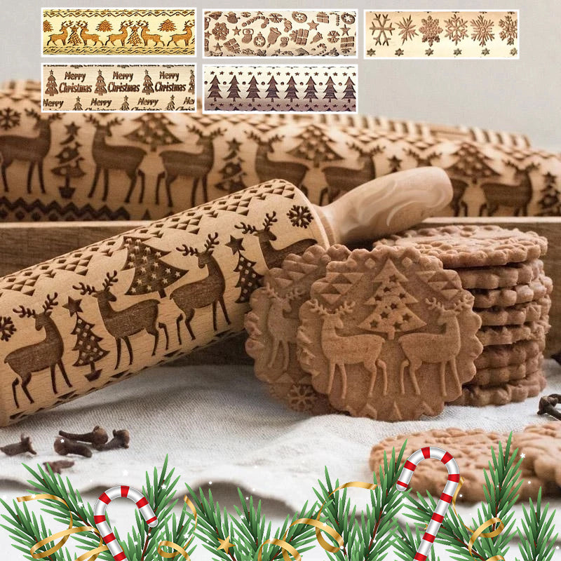 Rolling Pin Engraved Holiday Patterns Natural Hardwood Ergonomic Handles