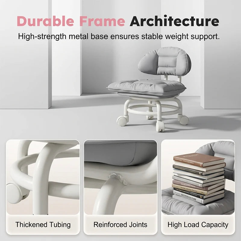 Rolling Stool Low Height Padded Backrest Quiet 360° Casters
