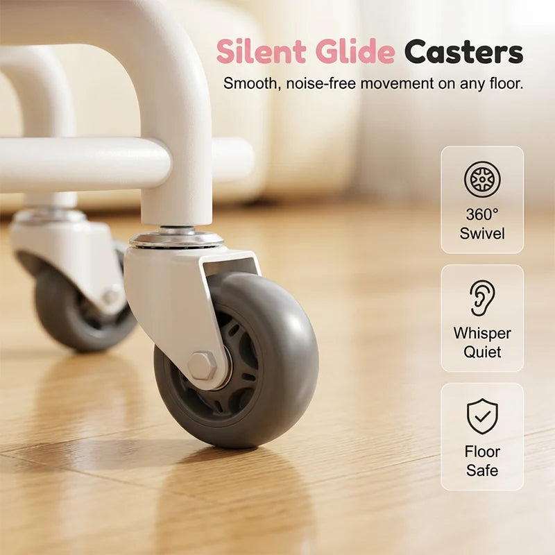 Rolling Stool Low Height Padded Backrest Quiet 360° Casters