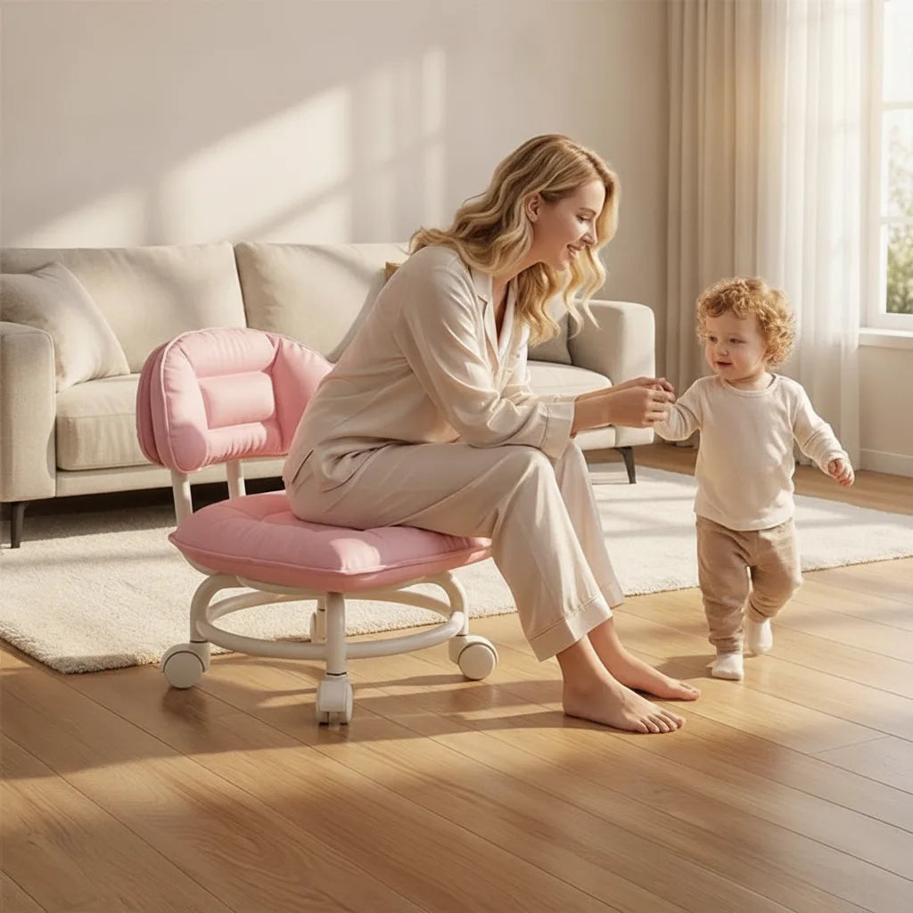 Rolling Stool Padded Seat & Backrest Silent 360° Casters
