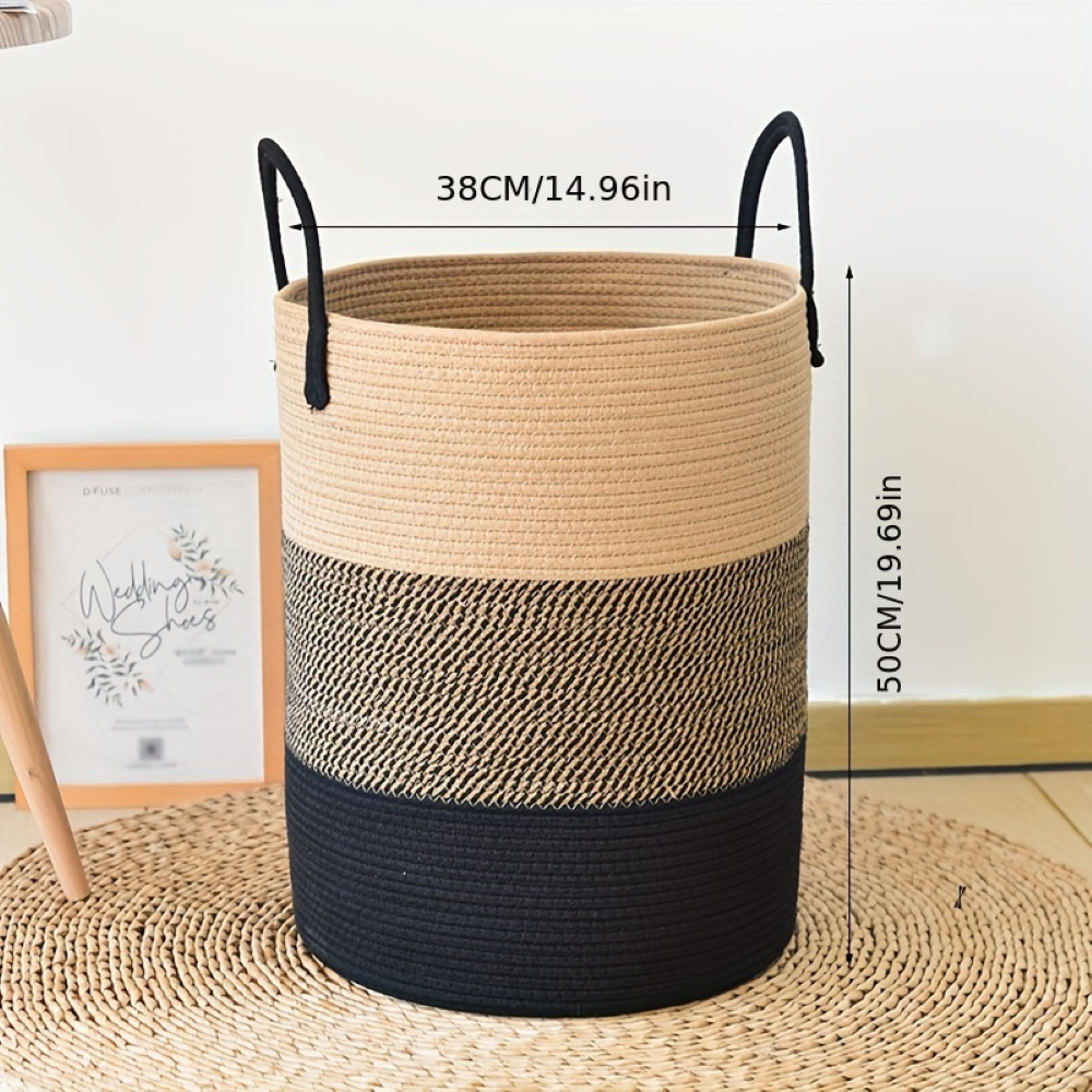 Round Laundry Basket Tall Woven Cotton Foldable Soft Handles