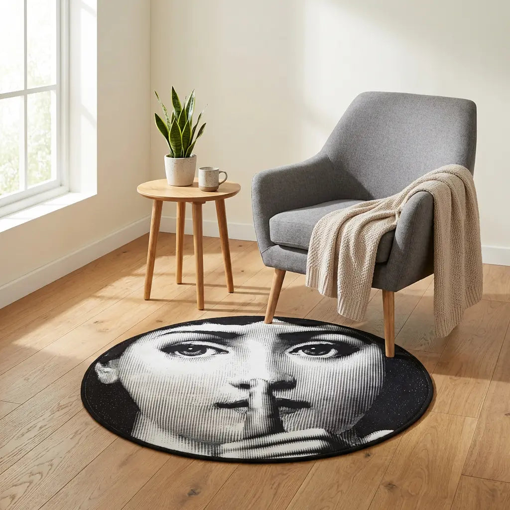 Round Rug Soft Polyester Blend Graphic Face Motif