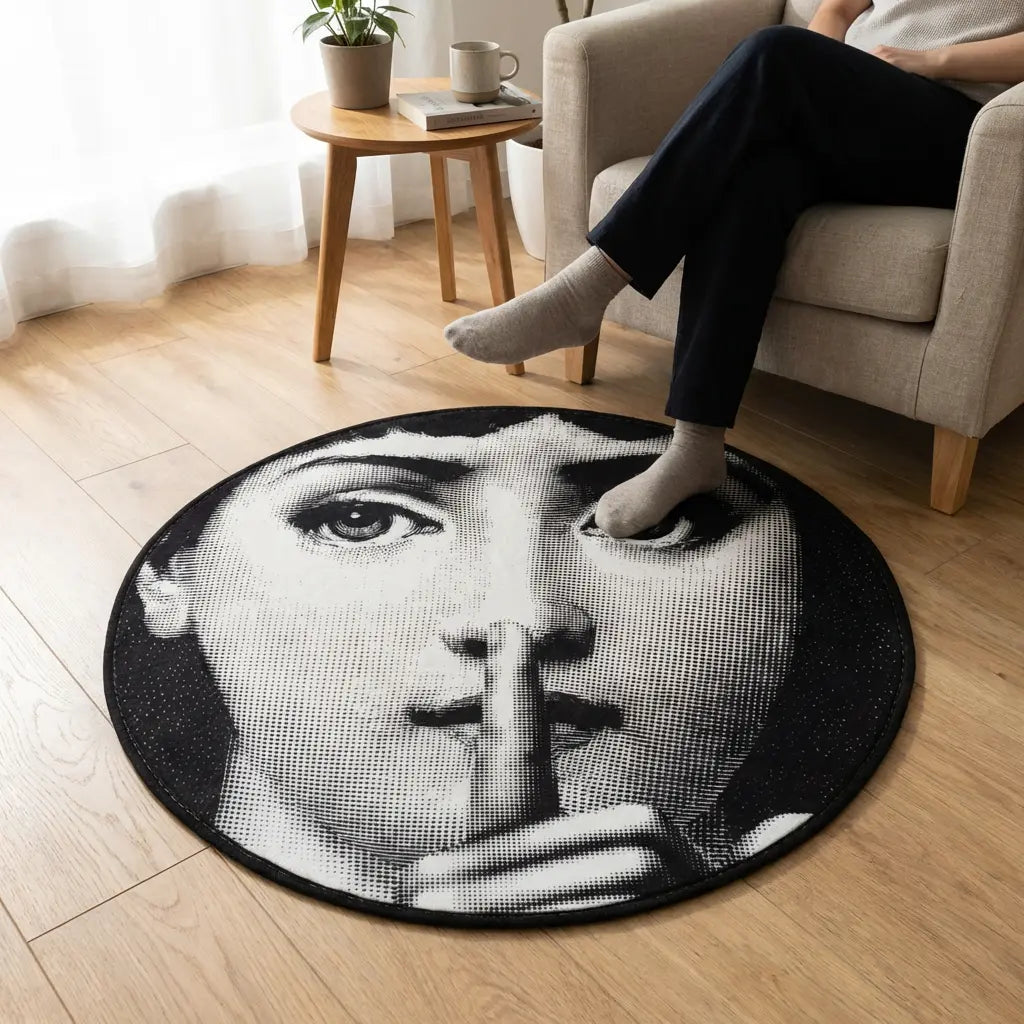 Round Rug Soft Polyester Blend Graphic Face Motif