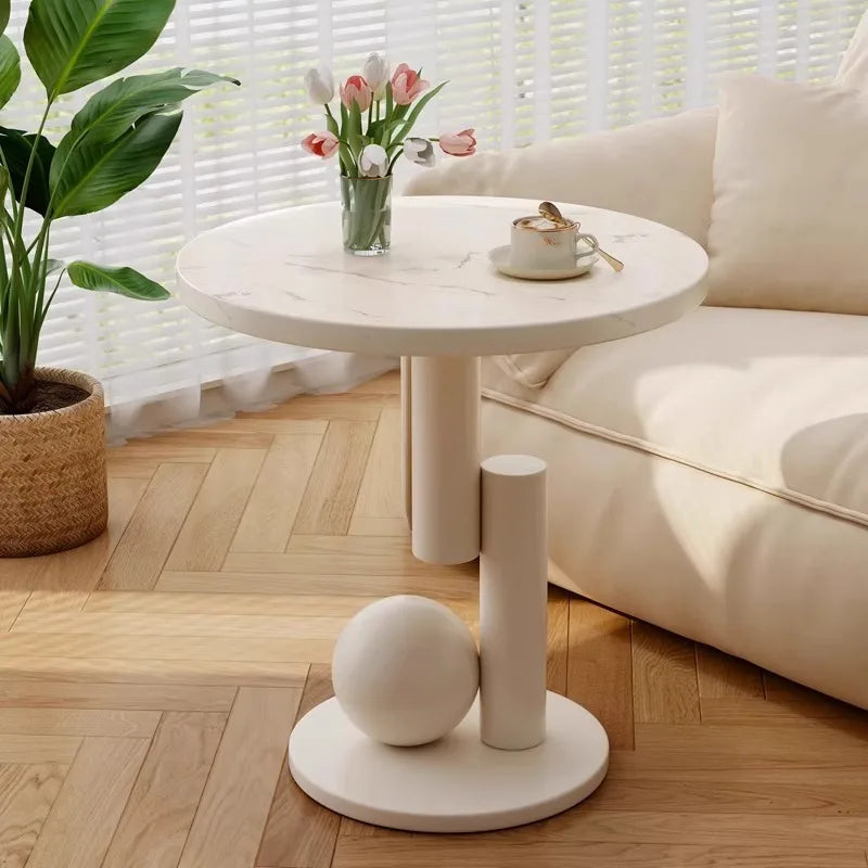 Round Side Table Marble-Look Top Sculptural Wood Base