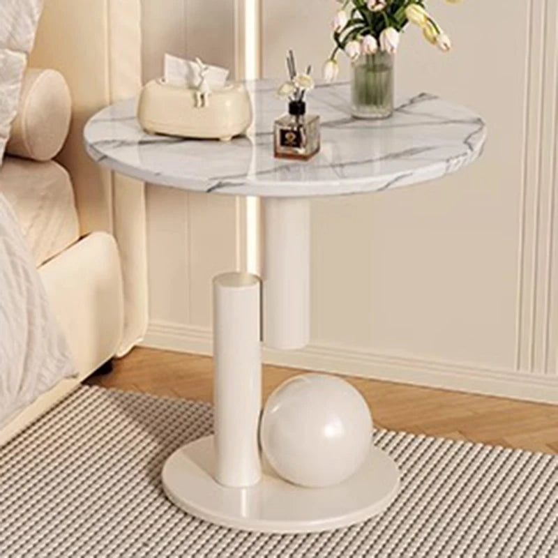 Round Side Table Marble-Look Top Sculptural Wood Base