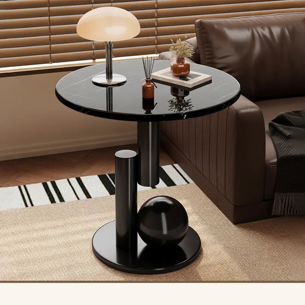 Round Side Table Marble-Look Top Sculptural Wood Base
