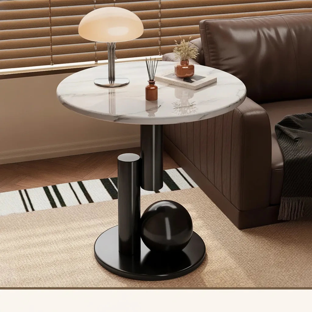 Round Side Table Marble-Look Top Sculptural Wood Base