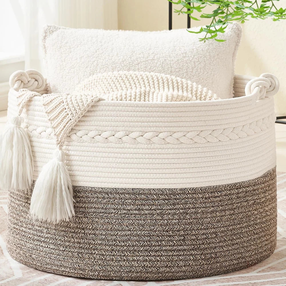 Round Storage Basket Braided Cotton Rope Machine Washable
