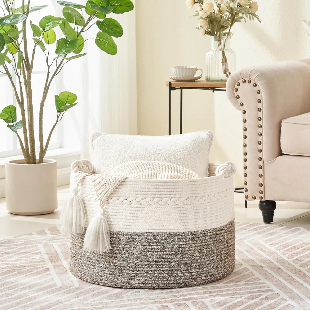 Round Storage Basket Braided Cotton Rope Machine Washable