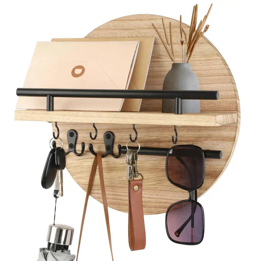 Round Wall Organizer Wood Shelves & Hooks